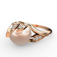 İncili Yaprak Yüzük - Pembe inci ve swarovski 18 ayar rose altın yüzük #1br5rya