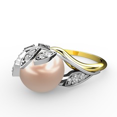 İncili Yaprak Yüzük - Pembe inci ve beyaz zirkon 18 ayar beyaz altın yüzük #1bvd32v