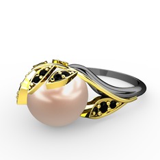 İncili Yaprak Yüzük - Pembe inci ve siyah zirkon 14 ayar altın yüzük #1cd4uux