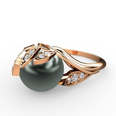 İncili Yaprak Yüzük - Siyah inci ve swarovski 8 ayar rose altın yüzük #1crrksi