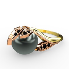 İncili Yaprak Yüzük - Siyah inci ve siyah zirkon 18 ayar rose altın yüzük #1cv0krn