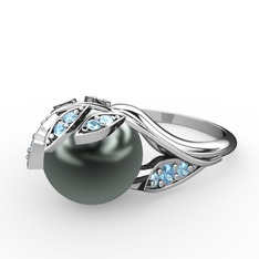 Siyah inci ve akuamarin 8 ayar beyaz altın yüzük