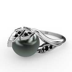 İncili Yaprak Yüzük - Siyah inci ve siyah zirkon 8 ayar beyaz altın yüzük #1deoygz