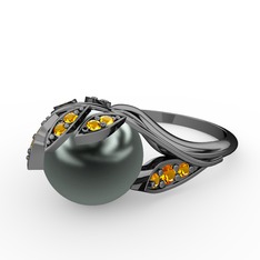 İncili Yaprak Yüzük - Siyah inci ve sitrin 925 ayar siyah rodyum kaplama gümüş yüzük #1epm1we