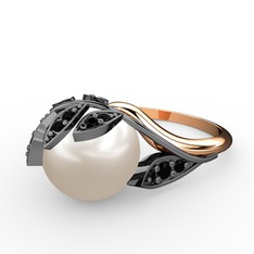 İncili Yaprak Yüzük - Inci ve siyah zirkon 925 ayar siyah rodyum kaplama gümüş yüzük #1f26zqu