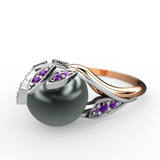 İncili Yaprak Yüzük - Siyah inci ve ametist 925 ayar gümüş yüzük #1f3z52