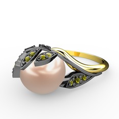 İncili Yaprak Yüzük - Pembe inci ve peridot 925 ayar siyah rodyum kaplama gümüş yüzük #1fc4kgi