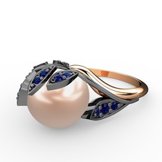 İncili Yaprak Yüzük - Pembe inci ve lab safir 925 ayar siyah rodyum kaplama gümüş yüzük #1fn911a