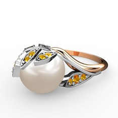 İncili Yaprak Yüzük - Inci ve sitrin 14 ayar beyaz altın yüzük #1gk3rb1