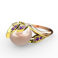 İncili Yaprak Yüzük - Pembe inci ve ametist 8 ayar altın yüzük #1go9by0