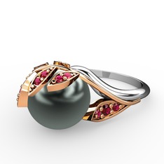 İncili Yaprak Yüzük - Siyah inci ve rodolit garnet 18 ayar rose altın yüzük #1hllpne