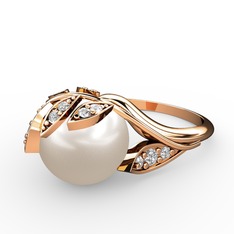 İncili Yaprak Yüzük - Inci ve beyaz zirkon 18 ayar rose altın yüzük #1ifmsf2