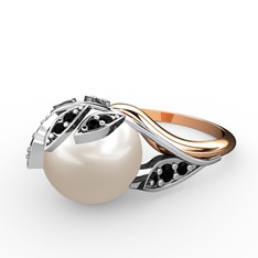 İncili Yaprak Yüzük - Inci ve siyah zirkon 14 ayar beyaz altın yüzük #1jnsc2h