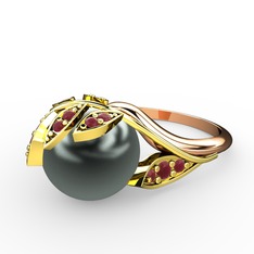İncili Yaprak Yüzük - Siyah inci ve kök yakut 18 ayar altın yüzük #1jye9ac