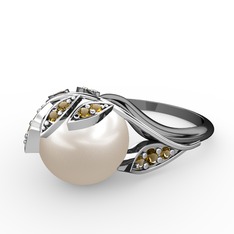 İncili Yaprak Yüzük - Inci ve dumanlı kuvars 8 ayar beyaz altın yüzük #1k74nuz