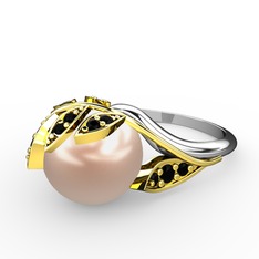 İncili Yaprak Yüzük - Pembe inci ve siyah zirkon 18 ayar altın yüzük #1kc4q4o