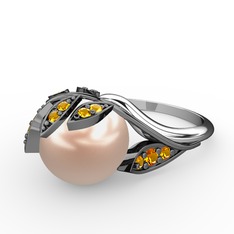 İncili Yaprak Yüzük - Pembe inci ve sitrin 925 ayar siyah rodyum kaplama gümüş yüzük #1kktc0v