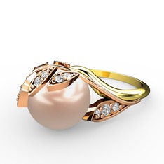 İncili Yaprak Yüzük - Pembe inci ve swarovski 14 ayar rose altın yüzük #1kw55x0