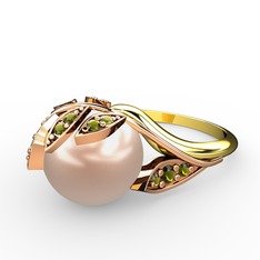 İncili Yaprak Yüzük - Pembe inci ve peridot 18 ayar rose altın yüzük #1l3mkxm