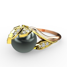 İncili Yaprak Yüzük - Siyah inci ve swarovski 8 ayar altın yüzük #1l77504