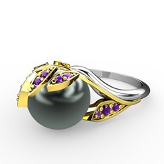 İncili Yaprak Yüzük - Siyah inci ve ametist 8 ayar altın yüzük #1ldenc6