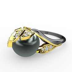 İncili Yaprak Yüzük - Siyah inci ve swarovski 14 ayar altın yüzük #1lw6f8s