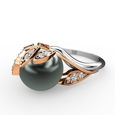 İncili Yaprak Yüzük - Siyah inci ve swarovski 925 ayar rose altın kaplama gümüş yüzük #1mlcwet