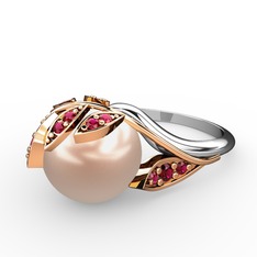 İncili Yaprak Yüzük - Pembe inci ve rodolit garnet 14 ayar rose altın yüzük #1mrltcv