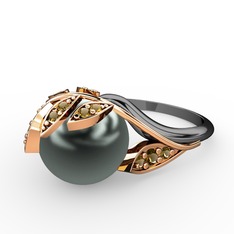 İncili Yaprak Yüzük - Siyah inci ve dumanlı kuvars 18 ayar rose altın yüzük #1my4g7y