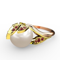 İncili Yaprak Yüzük - Inci ve kök yakut 14 ayar altın yüzük #1ncb0wr