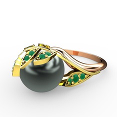 İncili Yaprak Yüzük - Siyah inci ve kök zümrüt 8 ayar altın yüzük #1nzt01b