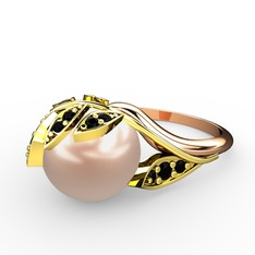 İncili Yaprak Yüzük - Pembe inci ve siyah zirkon 14 ayar altın yüzük #1oadh9r