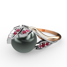 İncili Yaprak Yüzük - Siyah inci ve rodolit garnet 8 ayar beyaz altın yüzük #1ojzwfv