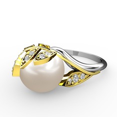 İncili Yaprak Yüzük - Inci ve swarovski 18 ayar altın yüzük #1p6i3vd