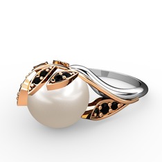 İncili Yaprak Yüzük - Inci ve siyah zirkon 14 ayar rose altın yüzük #1pil7tz