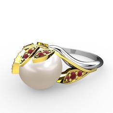 İncili Yaprak Yüzük - Inci ve kök yakut 18 ayar altın yüzük #1pqqxvh