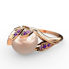 İncili Yaprak Yüzük - Pembe inci ve ametist 18 ayar rose altın yüzük #1qcqxhg