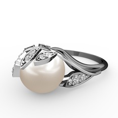 İncili Yaprak Yüzük - Inci ve swarovski 8 ayar beyaz altın yüzük #1qgujz4