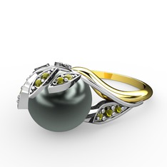 İncili Yaprak Yüzük - Siyah inci ve peridot 925 ayar gümüş yüzük #1qlgueq