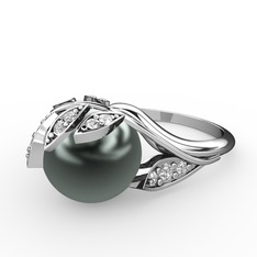 İncili Yaprak Yüzük - Siyah inci ve beyaz zirkon 18 ayar beyaz altın yüzük #1r6qxwy