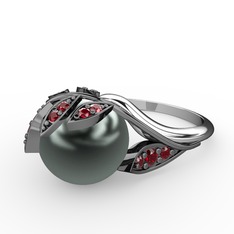 İncili Yaprak Yüzük - Siyah inci ve garnet 925 ayar siyah rodyum kaplama gümüş yüzük #1rfvghf