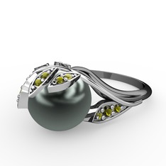 İncili Yaprak Yüzük - Siyah inci ve peridot 925 ayar gümüş yüzük #1s2xluz