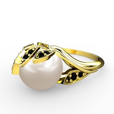 İncili Yaprak Yüzük - Inci ve siyah zirkon 8 ayar altın yüzük #1sjkka3