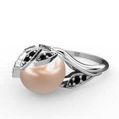 İncili Yaprak Yüzük - Pembe inci ve siyah zirkon 8 ayar beyaz altın yüzük #1sl6b2c