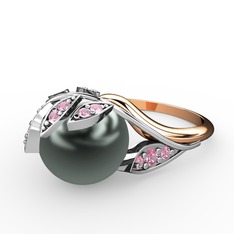 İncili Yaprak Yüzük - Siyah inci ve pembe kuvars 925 ayar gümüş yüzük #1slpm1g
