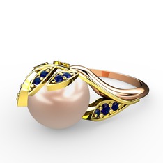 İncili Yaprak Yüzük - Pembe inci ve lab safir 14 ayar altın yüzük #1t0bznn