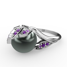 İncili Yaprak Yüzük - Siyah inci ve ametist 925 ayar gümüş yüzük #1t840ay