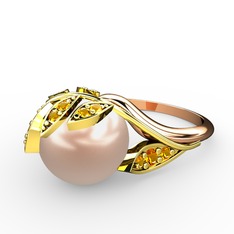 İncili Yaprak Yüzük - Pembe inci ve sitrin 14 ayar altın yüzük #1tglnsd
