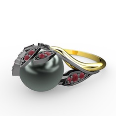 İncili Yaprak Yüzük - Siyah inci ve kök yakut 925 ayar siyah rodyum kaplama gümüş yüzük #1tp9g9b