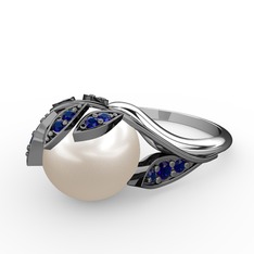 İncili Yaprak Yüzük - Inci ve lab safir 925 ayar siyah rodyum kaplama gümüş yüzük #1vdxu0u